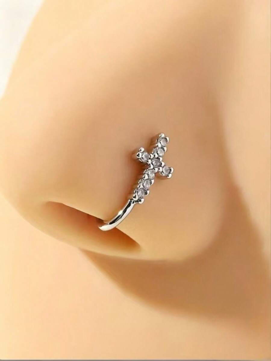 1pc Cross Design Non-Pierced U-Shaped Nose Clip, Minimalist Fashion Rhinestone Nose Stud - Silver - View 1
