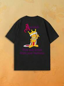 SHEIN | Garfield 女款黑色雙面印花T恤，皇冠卡通貓復古文字印花，寬鬆短袖，適合街頭旅遊日常穿搭女孩休閒造型 - 黑色 - 查看 1