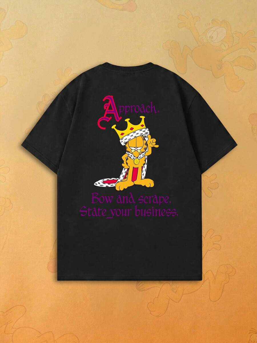 SHEIN | Garfield 女款黑色雙面印花T恤,皇冠卡通貓復古文字印花,寬鬆短袖,適合街頭旅遊日常穿搭女孩休閒造型 - 黑色 - 查看 1