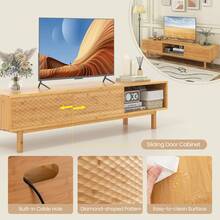 Modern TV Console Table For 65" 70" TVs Bamboo TV Stand With Sliding Doors Entertainment Center For Living Room - Khaki - View 8
