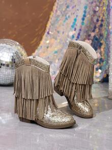 NILOSH Girls' Glitter Tassel Denim Boots, Western Mid-Calf Boots, Suitable For Parties, Dancing And Performances - Gold - View 6
