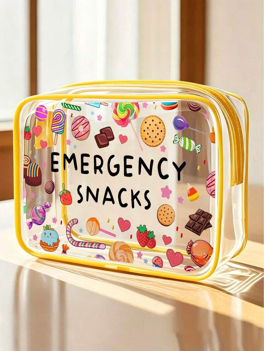 「Emergency Snack」字母印花 PVC 化妝包，拉鍊密封 PVC 旅行收納袋，輕量耐褪色化妝盥洗包，適合女性與女孩，TSA 認證便攜化妝收納盒，易擦拭清潔，適合母親、老師、朋友、護理師等使用者，送給女性朋友的禮品袋，學校、度假與旅行必備盥洗包，防水盥洗包 - 彩色 - 查看 1