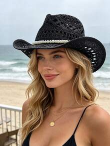 1pc Solid Color Bohemian Casual Beaded Jeweled Hollow-Out UV Protection Decorative Woven Panama Hat, Fashionable & Versatile For All Seasons - Panama Straw Hat - View 16