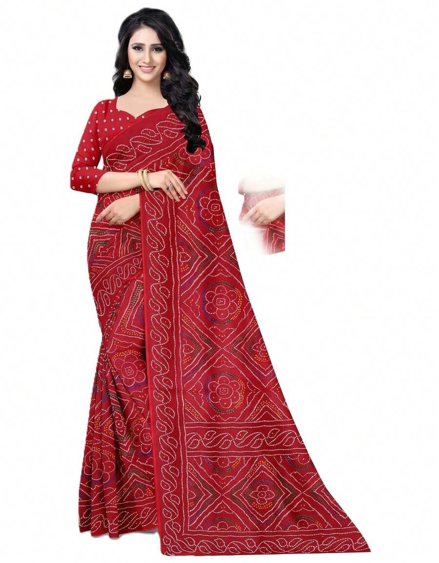 Estationeryhouse Bandhani Printed With Leaf Design Border With Unstitched Blouse Pc - Maroon - View 1