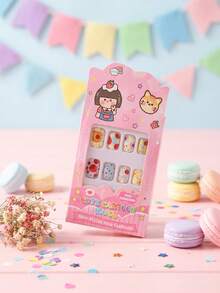 24pcs Cute Design Small Size Children's Press-On False Nail Stickers, Y2K Shiny Cute Patterns Including Toast Tomato, Fried Egg / Plaid / Bow Tie With Contrasting Colors, Rich Layers Without Clutter, Suitable For Spring/Summer, Picnic, Daily Casual Wear. Applicable To Children's Pre-Coated Glue Nail Stickers, Full Coverage Small Nail Tips, Suitable For Children Girls Gifts, Birthday Parties And Makeup Decoration - Multicolor - View 3