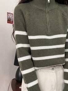 Striped Half-Zip Long Sleeve Knit Sweater - Green - View 5