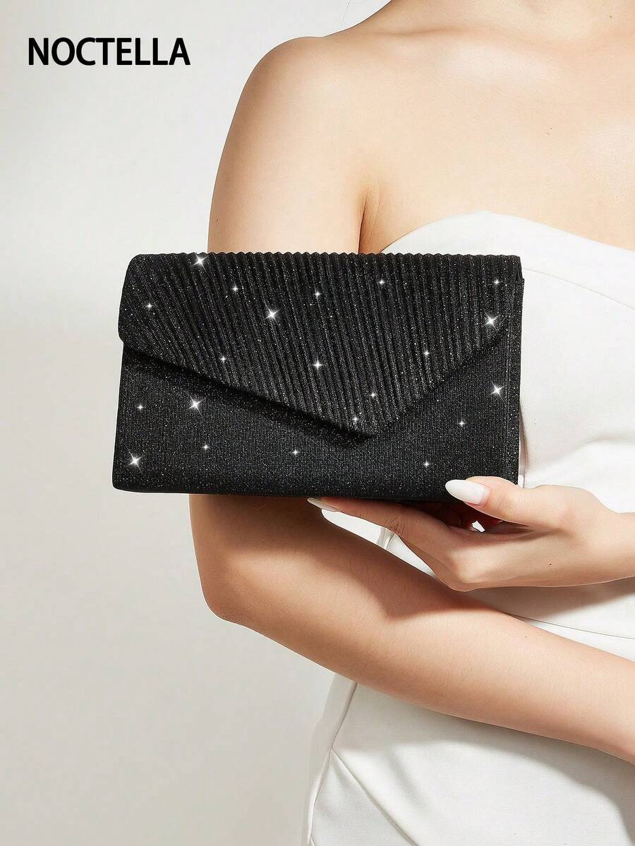 Noctella Elegante y exquisita mini bolsa con solapa plisada y cadena, bolso de mano tipo sobre, bolso de noche cuadrado de moda elegante adecuado para chicas de fiesta, mujeres, novias, perfecto para fiestas, bodas, bailes, eventos de noche/banquete, mejor regalo para mujeres, combinación perfecta para vestidos de dama de honor, bolso de boda, bolso de fiesta, combinación perfecta para vestidos de fiesta de vacaciones, vestidos de noche y vestidos con lentejuelas - Negro - Ver 1