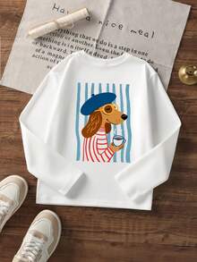 Girls White Round Neck Long Sleeve T-Shirt, Cute French Dachshund Coffee Cartoon Back Print, Loose Casual Autumn Top, Suitable For Teenage Girls - White - View 3