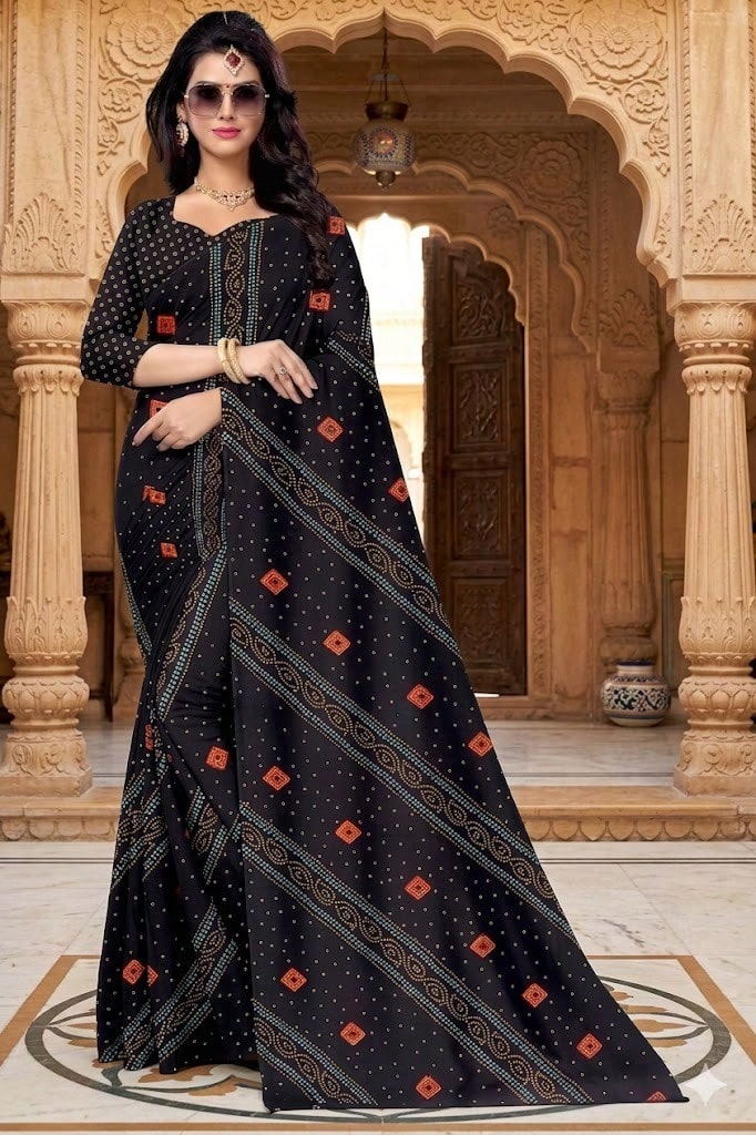 Estationeryhouse Bandhani Diagonal Print With Unstitched Blouse Piece - Black - View 1