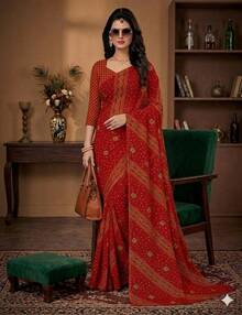 Estationeryhouse Bandhani Diagonal Print With Unstitched Blouse Piece - Red - View 2