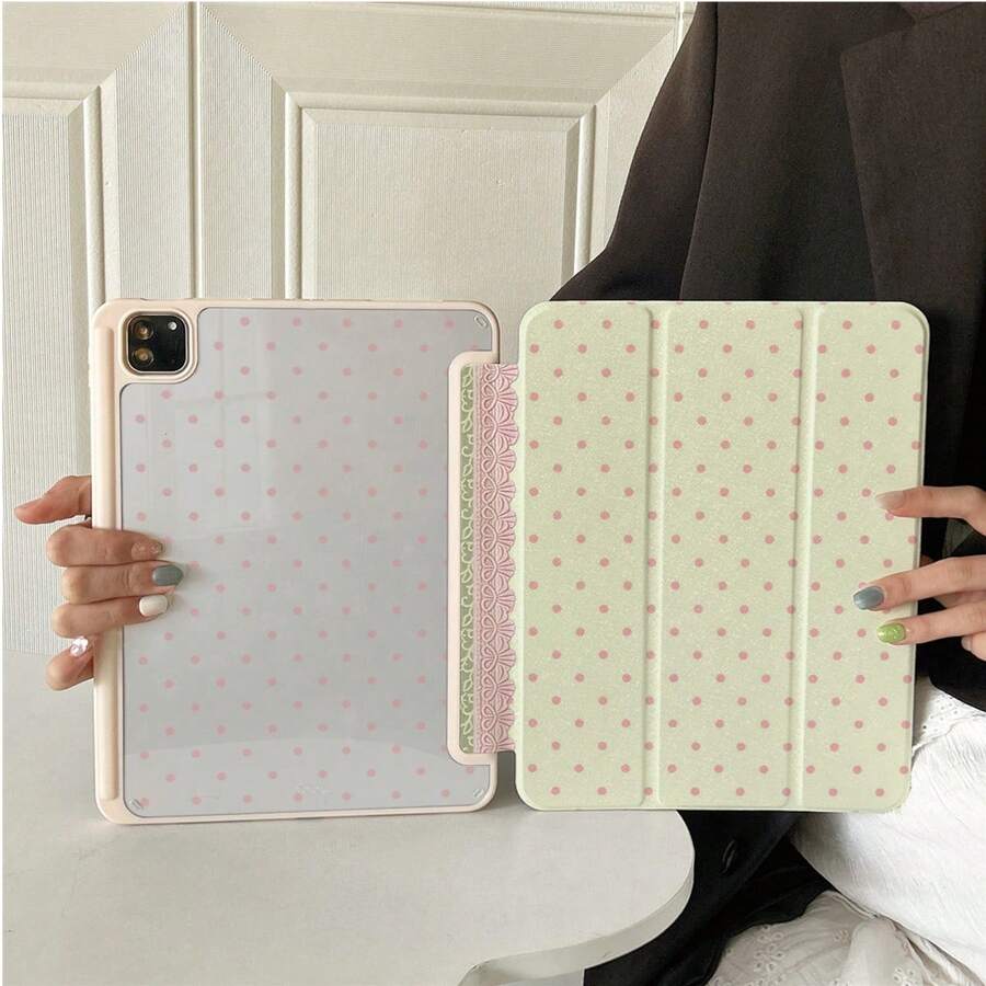 1pc Pink Polka Dot Tri-Fold Tablet Protective Case, Multi-Angle Stand, Suitable For Office And Entertainment, With Pen Slot, Compatible With IPad Pro 2024/Air M3/A16 2025, MatePad - Multicolor - View 1