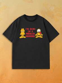 SHEIN | Garfield 女款雙卡通貓趣味標語黑色圓領寬鬆休閒街頭風短袖上衣 - 黑色 - 查看 1