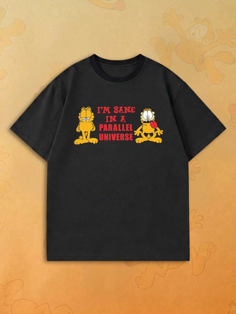 SHEIN | Garfield 女款雙卡通貓趣味標語黑色圓領寬鬆休閒街頭風短袖上衣 - 黑色 - 查看 1