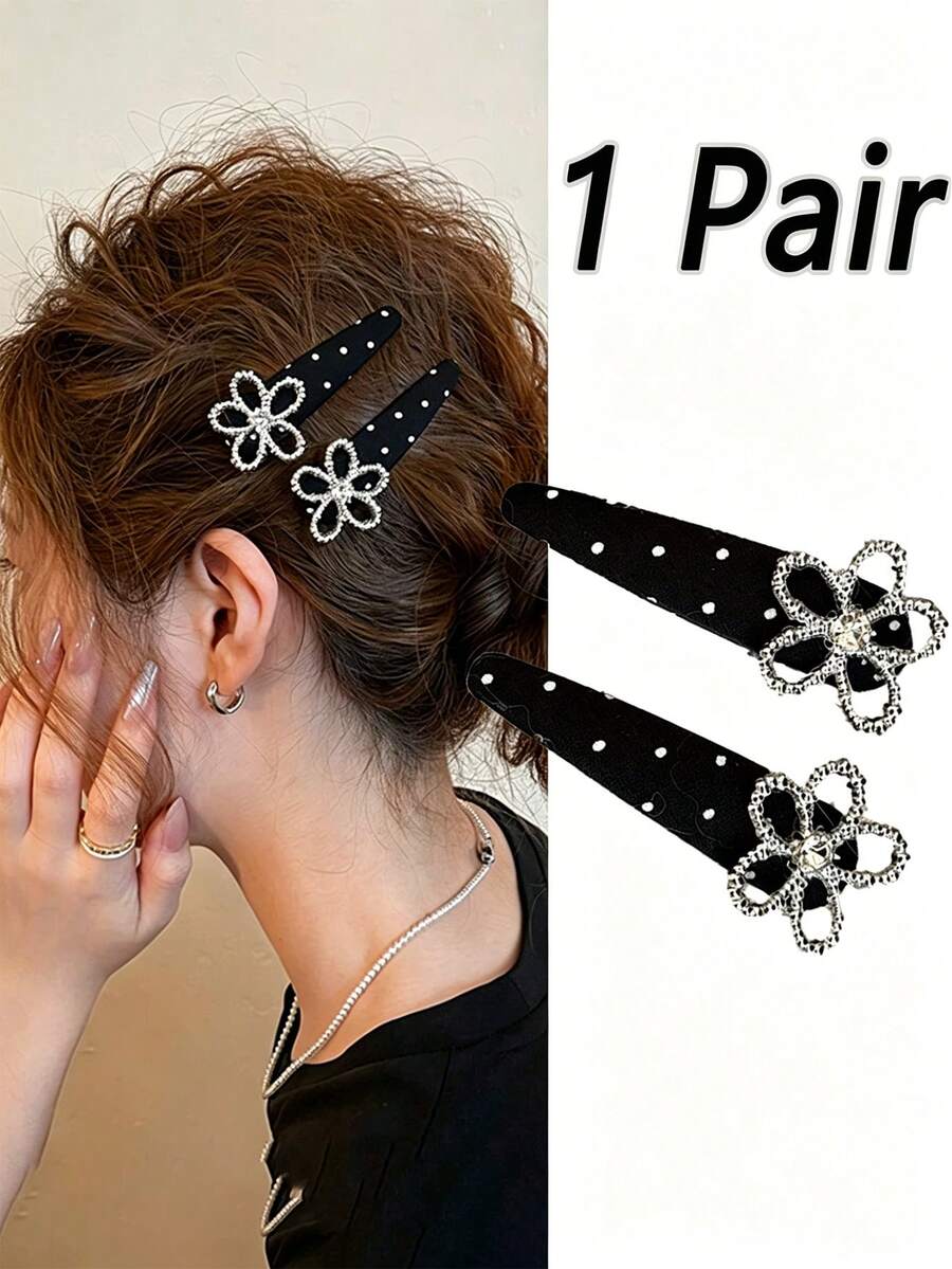 1 Pasang Jepit Rambut Bunga Polkadot Bertabur Berlian Imitasi untuk Wanita, Jepit Rambut Buaya untuk Poni Depan dan Samping, Aksesori Rambut Minimalis
