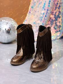 NILOSH Girls' Glitter Tassel Denim Boots, Western Mid-Calf Boots, Suitable For Parties, Dancing And Performances - Chocolate Brown - View 4