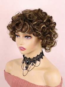 Short Loose Curly Bob Pixie Cut Wig ,Glueless Egg Wave Human Hair Wig Afro Kinky Curly Pixie Cut Wig Loose Curly Human Hair Wig With Bangs With Pixie Cut Wig Machine Made Rose Net Cap Pixie Cut Available In Three Colors Black/Orange/Piano Two-Tone - Multicolor - View 6