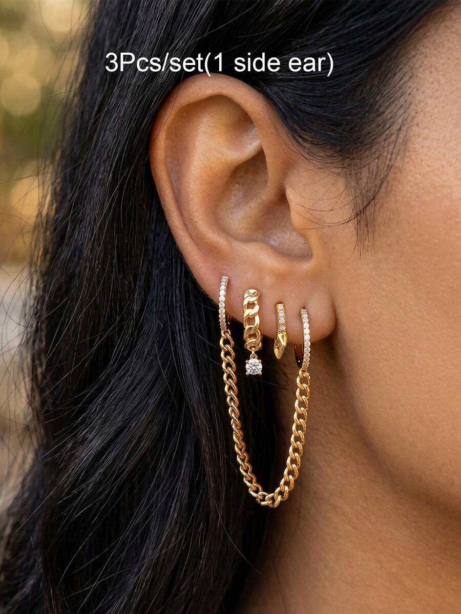 3pcs/Set Women's Earrings Set, Gold-Plated Zirconia Hoop Earrings With Chain Drop, Layered Style - 3Pcs/set(1 Side Ear) - View 1
