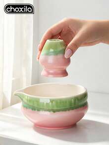 choxila 2pcs Pink-Green Gradient Ceramic Matcha Bowl Set, Includes Tea Whisk Holder, Spout Japanese Tea Bowl, Suitable For Matcha Tea Ceremony - Matcha Two-piece Set - View 3