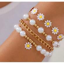 4pcs Daisy Flower Faux Pearl Layered Bracelet Set Boho Style Gold Tone Chain Bracelets For Women Daily Party Jewelry Gift - Multicolor - View 5
