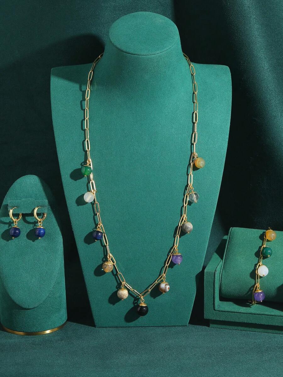 Conjunto de Joyas Vintage con Collar Colgante y Pendientes de Cuentas de Ágata Falsa de Bola Colorida con Piedra Natural, Elegante para Uso Diario, Chapado en Cobre y Oro de 18K para Mujeres