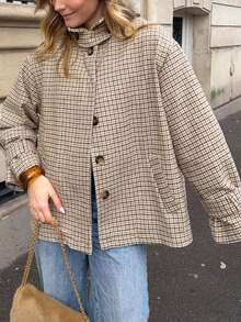 New Plaid Button-Up Women's Jacket, Casual College Style, Vacation, All Season Brown - Brown - View 1