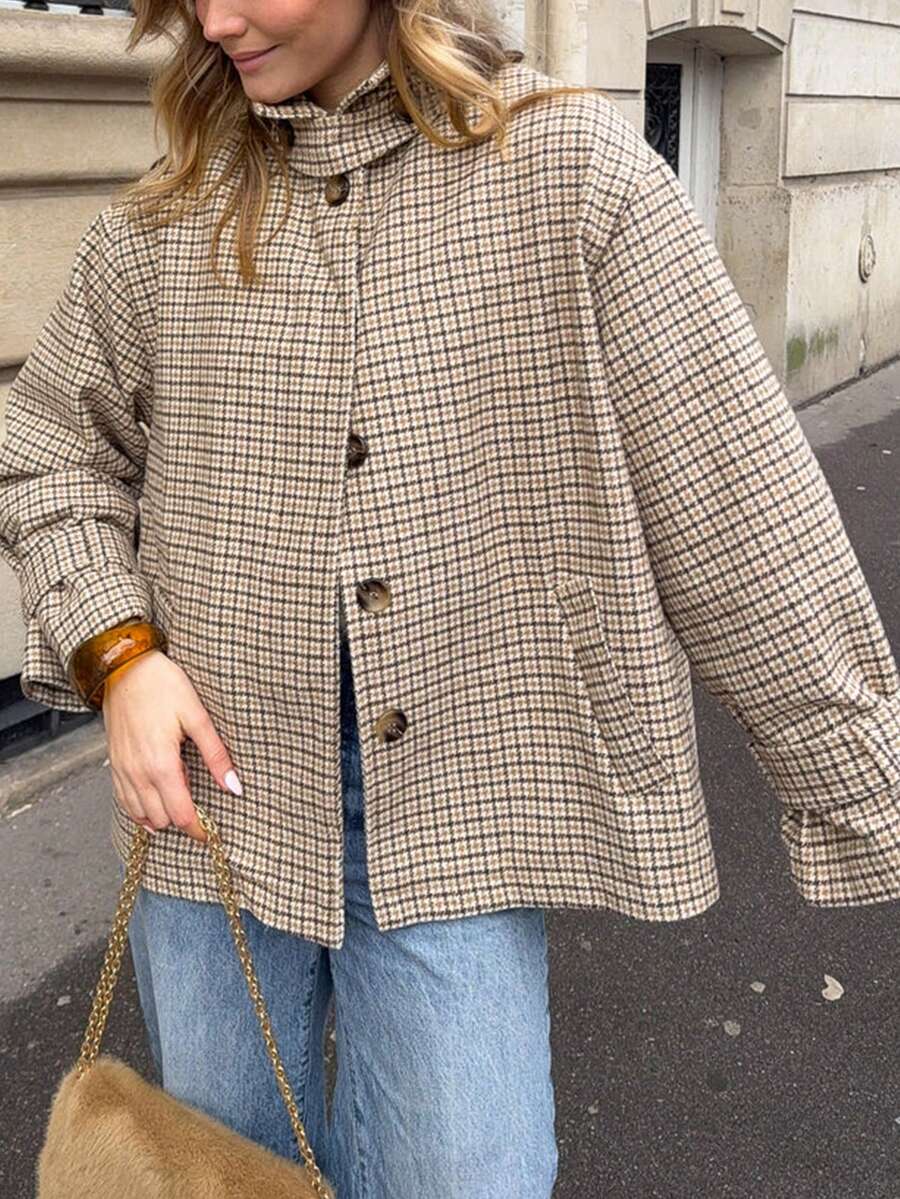 New Plaid Button-Up Women's Jacket, Casual College Style, Vacation, All Season Brown - Brown - View 1