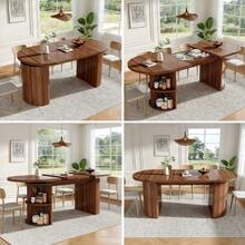 Extendable Dining Table With Hidden Storage Compartment, Thickened Tabletop For High Stability, Flexibly Adaptable For Small Spaces, Kitchen, Study And Living Room, MDF Tabletop, Dark Brown - 深棕色 - 查看 1