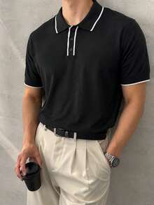 Men's Regular Shoulder Short Sleeve Half-Button Casual Summer Versatile Knit Sweater - Black - View 1
