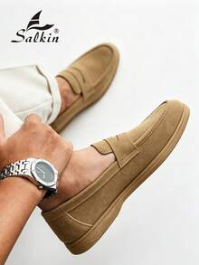 Salkin 經典設計師男士莫卡辛素色麂皮套腳便士樂福鞋，柔軟皮革紳士商務社交鞋，男士休閒鞋，適用於日常辦公、派對、情侶約會、浪漫晚餐、返校學生鞋，校園風，請選擇大一號 - 卡其色 - 查看 10