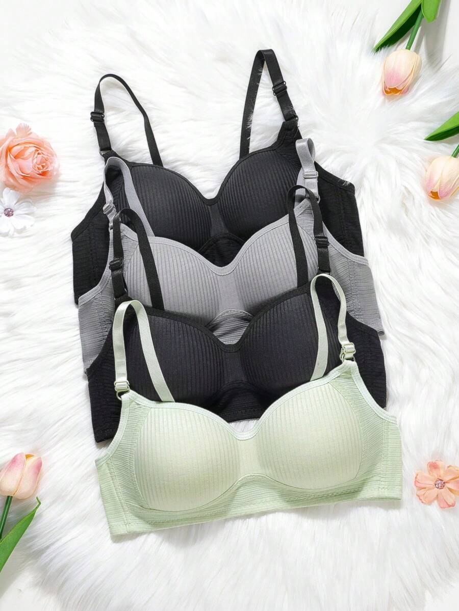 4pcs/Pack Cotton Striped Bra For Teenage Girls, Comfortable And Simple Design, Suitable For 13-16 Years Old (Recommended To Buy One Size Larger) - Multicolor - View 1