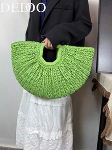 Dedoo 極簡半圓形手工編織托特包，海灘度假與通勤手提包，百搭海灘包 - 綠色 - 查看 7