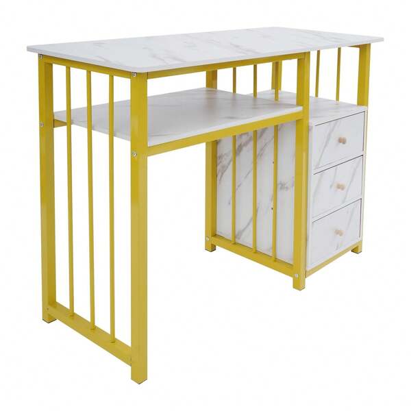 ZhdnBhnos Nail Desk - 39.37*15.75*29.92in Manicure Table, 3 Drawers + Open Shelf, 66lbs Load-Bearing Nail Room Decor, Marble Texture (Gold+White) Nail Table For Nail Tech