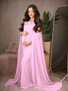 JustVH Maternity Elegant Open Shoulder Floral Applique Fitted Chiffon Dress With Shawl, Suitable For Baby Shower Photo Props Spring - Hot Pink - View 7