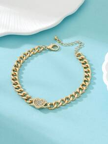 1 pieza Tobillera de cadena gruesa de metal con colgante de corazón brillante, estilo playa de vacaciones, para adolescentes - Dorado - Ver 2