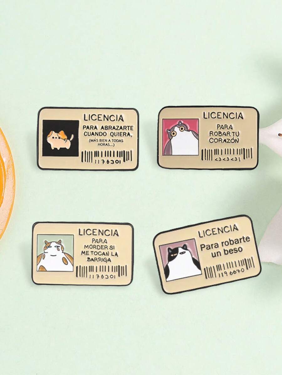 1Pc/Set "LICENCIA PARA ROBAR TU CORAZÓN" Cute Cat ID Badge Shaped Metal Enamel Brooch, Confession Style, Suitable For Decorating Canvas Bags, Clothes, Zippers - Multicolor - View 1