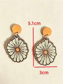 1 Pair Bohemian Light Orange Wooden Round Disc With Vintage Line Daisy Print Long Earrings - Orange - View 2