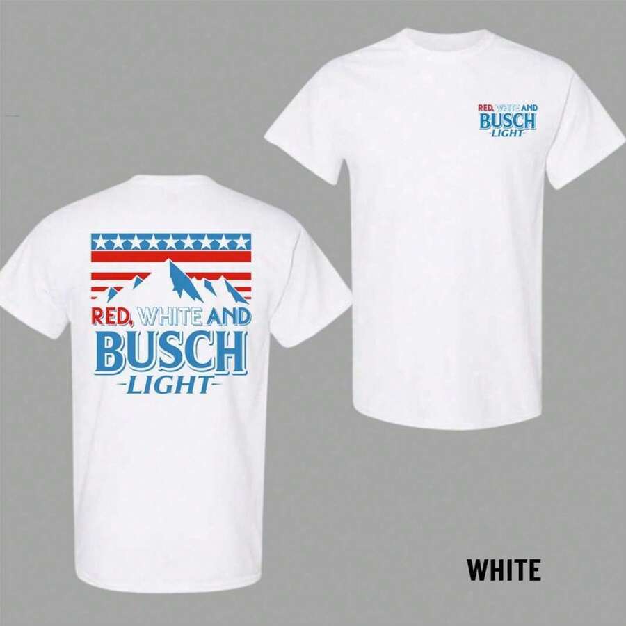 Camiseta de dos caras Rojo, Blanco y Busch Light, Mercancía del 4 de julio, Camiseta patriótica para beber, Parte superior informal de uso diario, Camiseta gráfica para hombres y mujeres - Blanco - Ver 1