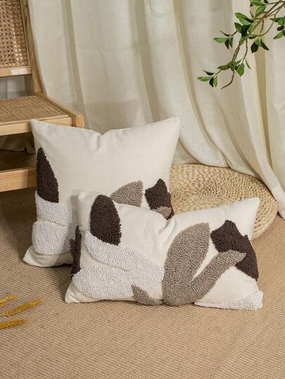 Grey-Brown Leaf Pattern Flocked Pillow Case, Wabi-Sabi Style Neutral Tufted Embroidered Cushion Cover, Decorative Pillowcase For Sofa, Bedroom, Living Room, Balcony, Pillowcase Only