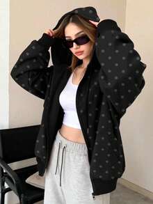Vintage Autumn/Winter Polka Dot Women's Sports Sweatshirt Jacket, Autumn/Winter Essential Thermal Fabric With Pockets Fall - Multicolor - View 1