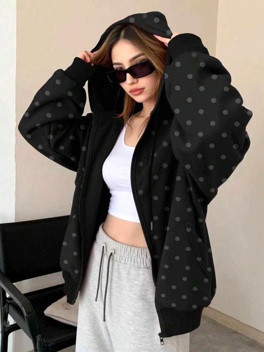 Vintage Autumn/Winter Polka Dot Women's Sports Sweatshirt Jacket, Autumn/Winter Essential Thermal Fabric With Pockets Fall - Multicolor - View 1