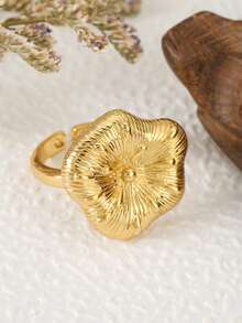 1pc Vintage Textured Flower Open Cuff Ring, Gold Silver Plated Wide Adjustable Finger Ring, Retro Floral Stackable Jewelry For Women Daily Party Gift - Flower Ring - View 7