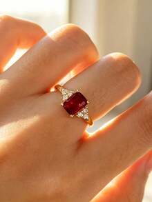 1pc S925 Sterling Silver Cubic Zirconia Geometric Square Red Gemstone Ring, Elegant Elegant Women's Party Daily Wear - Yellow Gold - View 11