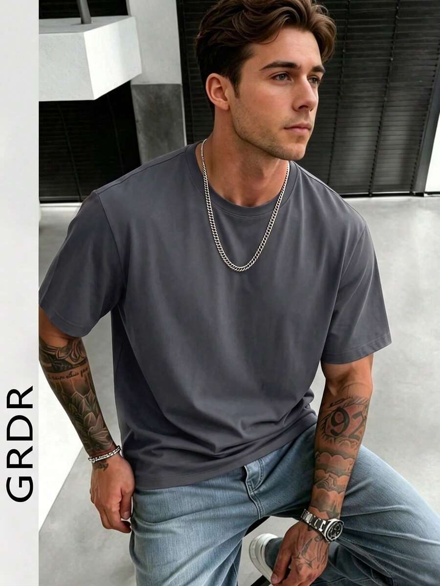 GRDR 男士时尚宽松短袖T恤 | 精致设计 | 夏季必备 | 百搭易配 | 展现您的风格 - 深灰色 - 查看 1