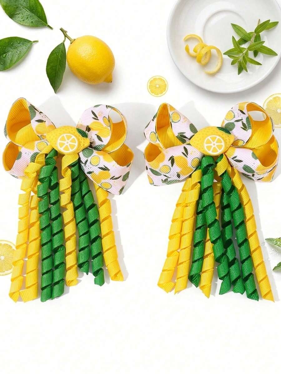 2pcs Lemon Bow Hair Clips, Sweet Cute Satin Ribbon Tassel Hair Clips, Alligator Clips, Girls Teenagers Spring Summer Cute Daily Hair Accessories - Multicolor - View 1