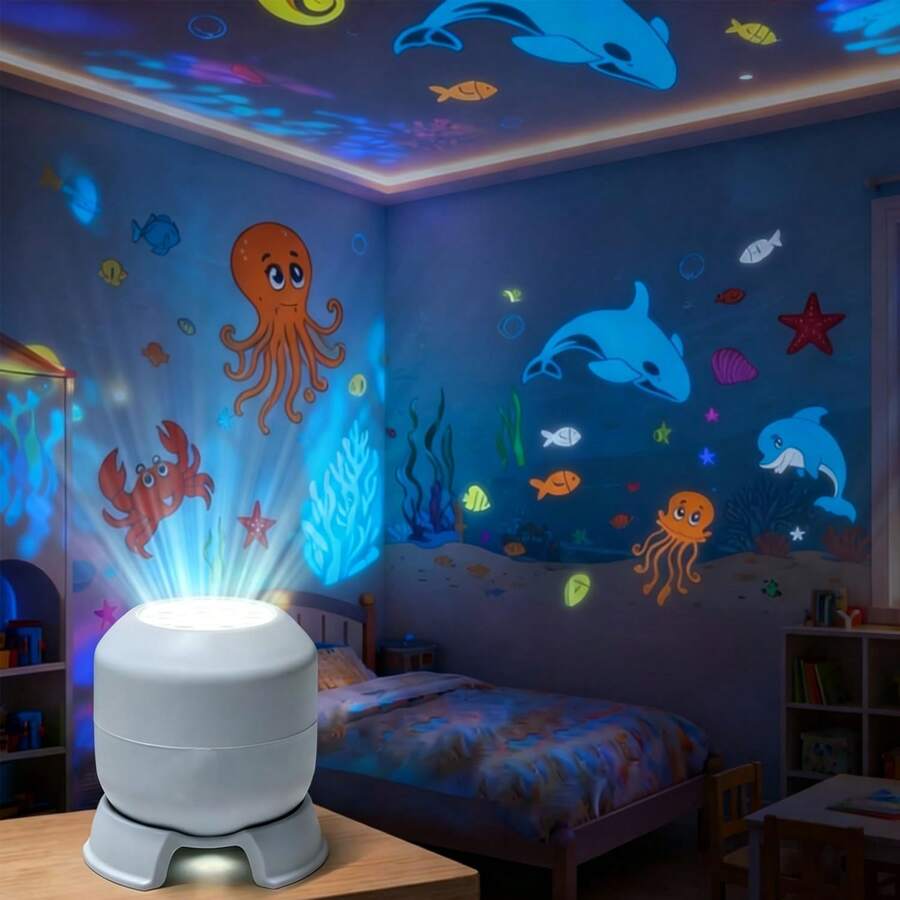 動態旋轉 LED 投影燈,夜燈投影機,USB 海洋投影燈,360 度旋轉,亮度可調,LED 氛圍燈,適用於臥室、派對、居家 - 白色 - 查看 1