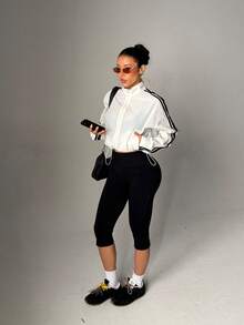 Colorblock Full Zip Drawstring Hem Sports Jacket, Suitable For Spring And Autumn - White - View 3
