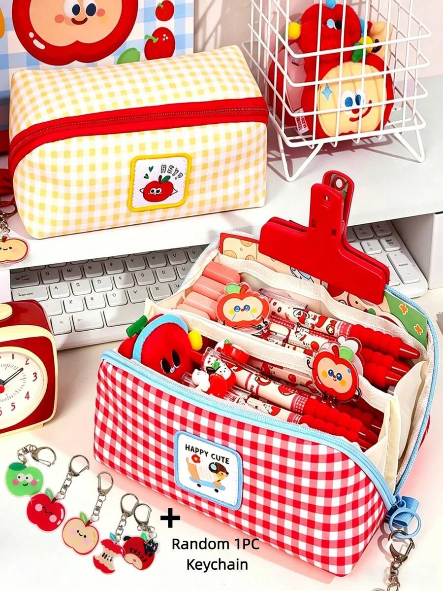 1set/1PC Aesthetic Dopamine Color Block Prism Grid Pencil Case And Keychain, Large Capacity Cute Pencil Holder & Makeup Bag For Women, Fashionable Ins Style Stationery Storage Box, Pencil Case, Portable Pen Bag, Travel Toiletry Bag, Pencil Box, Pen Case, Desktop Storage Bag, Washable Office & School Supplies Gift Set, Back To School Gift (Yellow/Blue/Red/Green)
