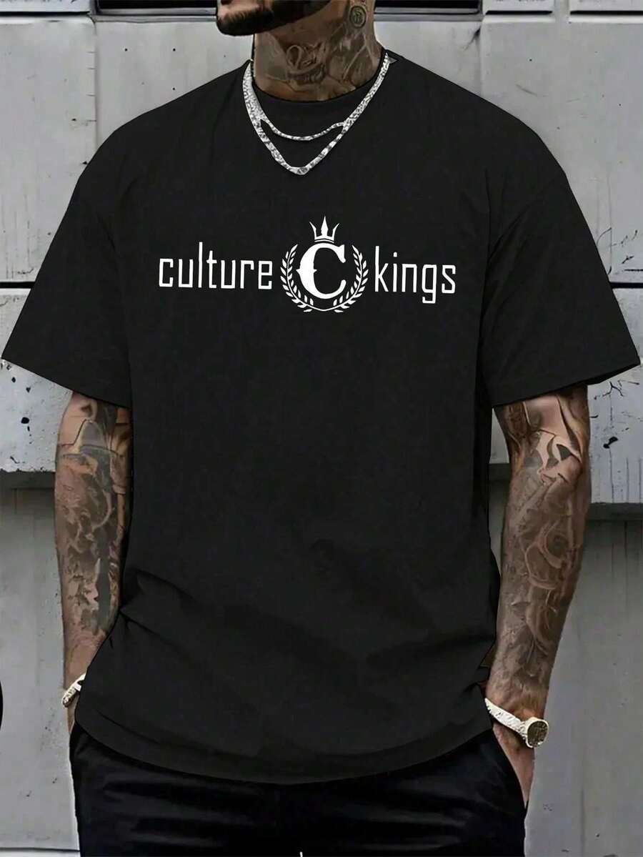 Camiseta casual de manga corta para hombre con cuello redondo clásico y estampado de letras elegante, perfecta para atuendos diarios. - Negro - Ver 1