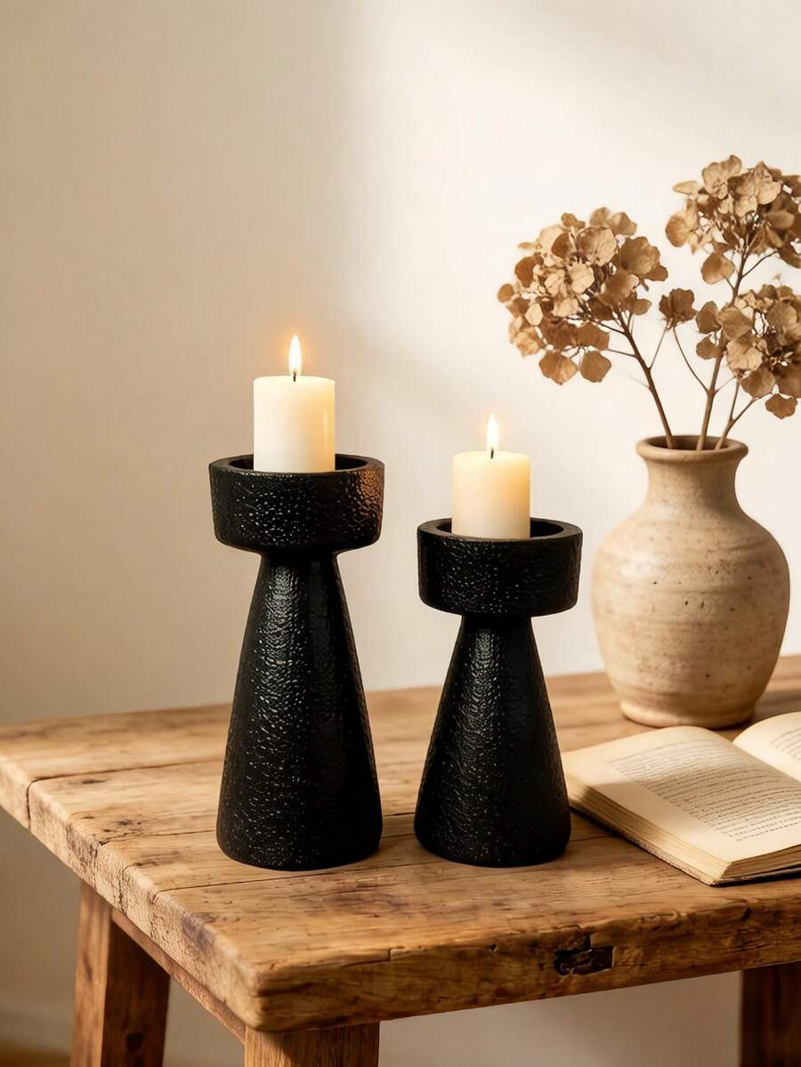 1pc Black Textured Pillar Candle Holders, Rustic Wabi Sabi Decorative Candlestick For Dining Table Fireplace Mantel Home Decor, Housewarming Gift - Black - View 1