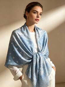 Moemton Light Blue And White Paisley Print Silk Scarf, French Riviera Coast Style Shawl, Soft Vacation Accessory - Blue - View 3
